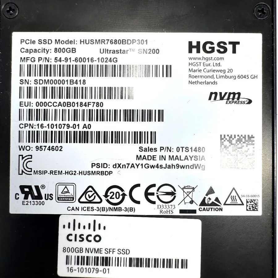 SSD-накопитель HGST Ultrastar SN200 800GB U.2 NVMe PCIe 3.0 x4 MLC SSD HUSMR7680 — фото лота 1