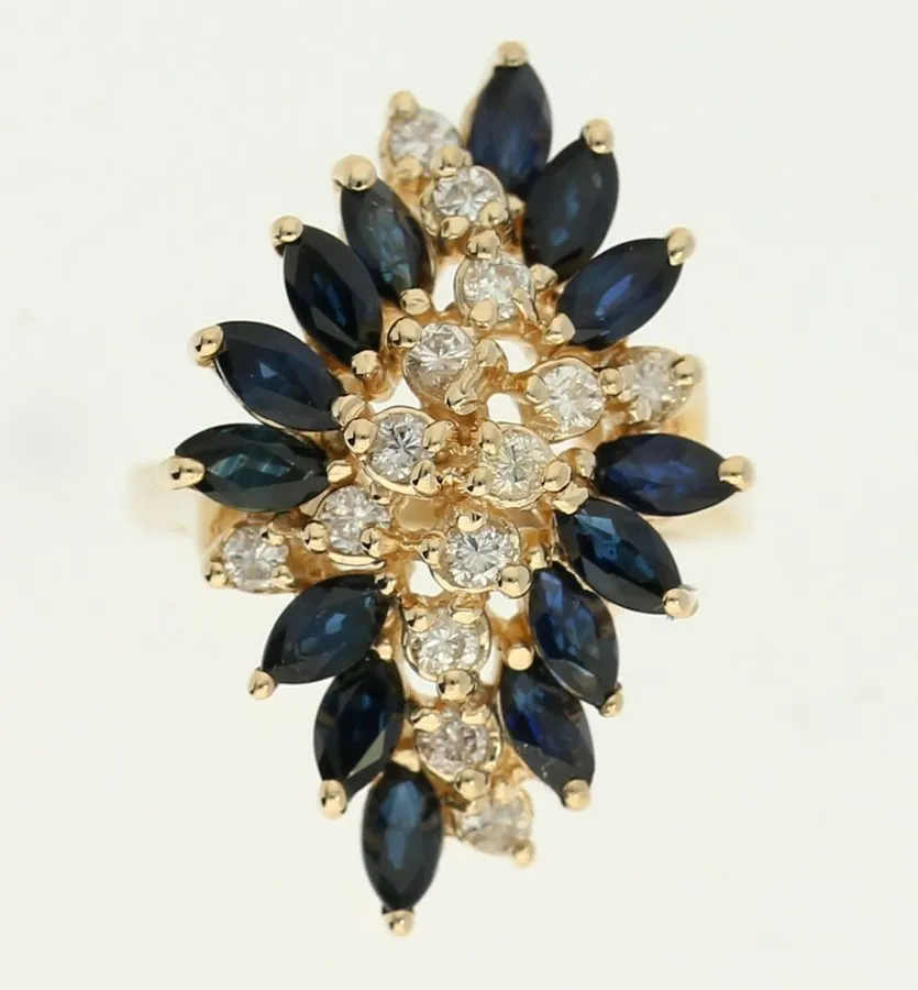 Электронный компонент Diamond Sapphire Cascade Cluster Ring 2.25CT 14K Yellow Go — фото лота 1