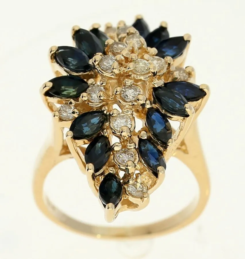 Электронный компонент Diamond Sapphire Cascade Cluster Ring 2.25CT 14K Yellow Go — фото лота 2