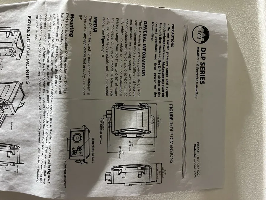 Датчик давления ACI DLP-002 Differential Pressure Transmitter 0-2 inWC 4-20mA