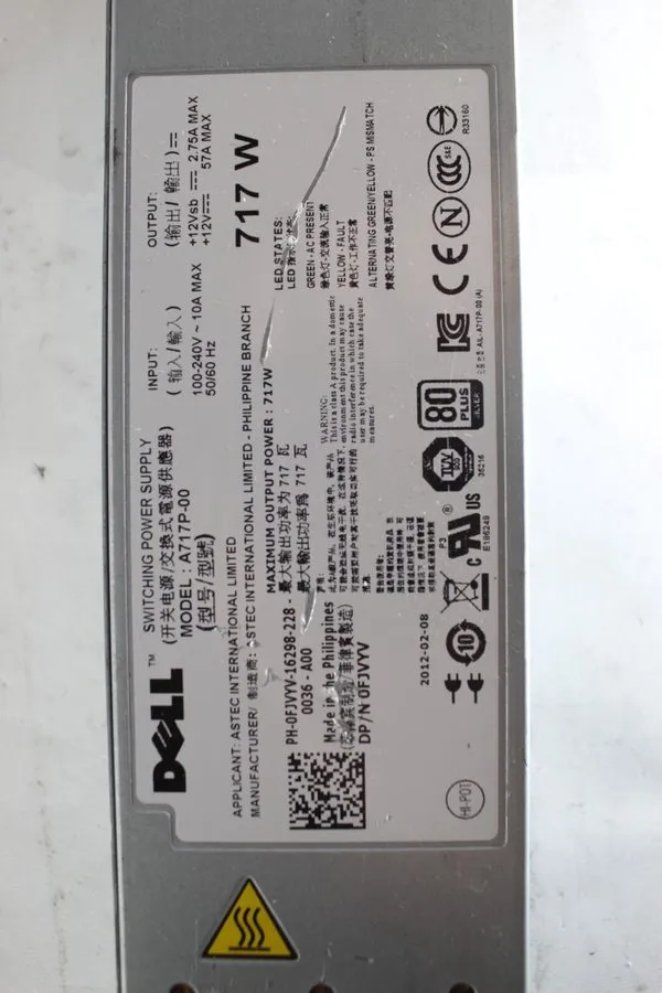 Сервер Dell PowerEdge R610 Server Redundant Power Supply 717 Watt FJVYV A717P-00