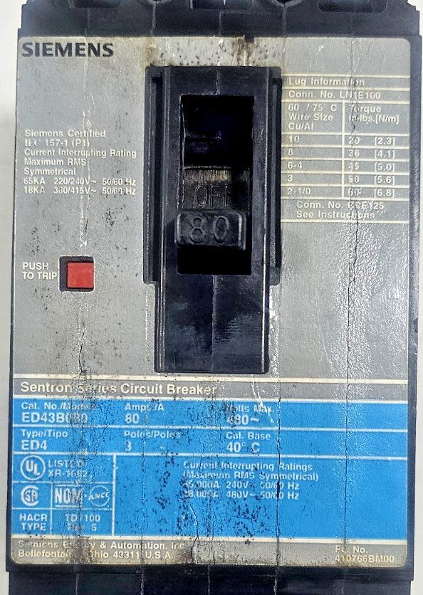 Автоматический выключатель Siemens Sentron ED43B080 Circuit Breaker 80A 3-Pole 4