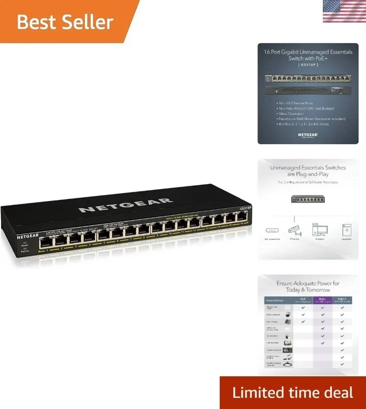 Коммутатор Netgear Switch GS316P 16-Port Gigabit PoE+ Unmanaged 115W FlexPoE