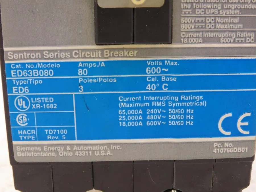 Автоматический выключатель ITE SIEMENS ED63B080 80A 3 POLE 480V CIRCUIT BREAKER 