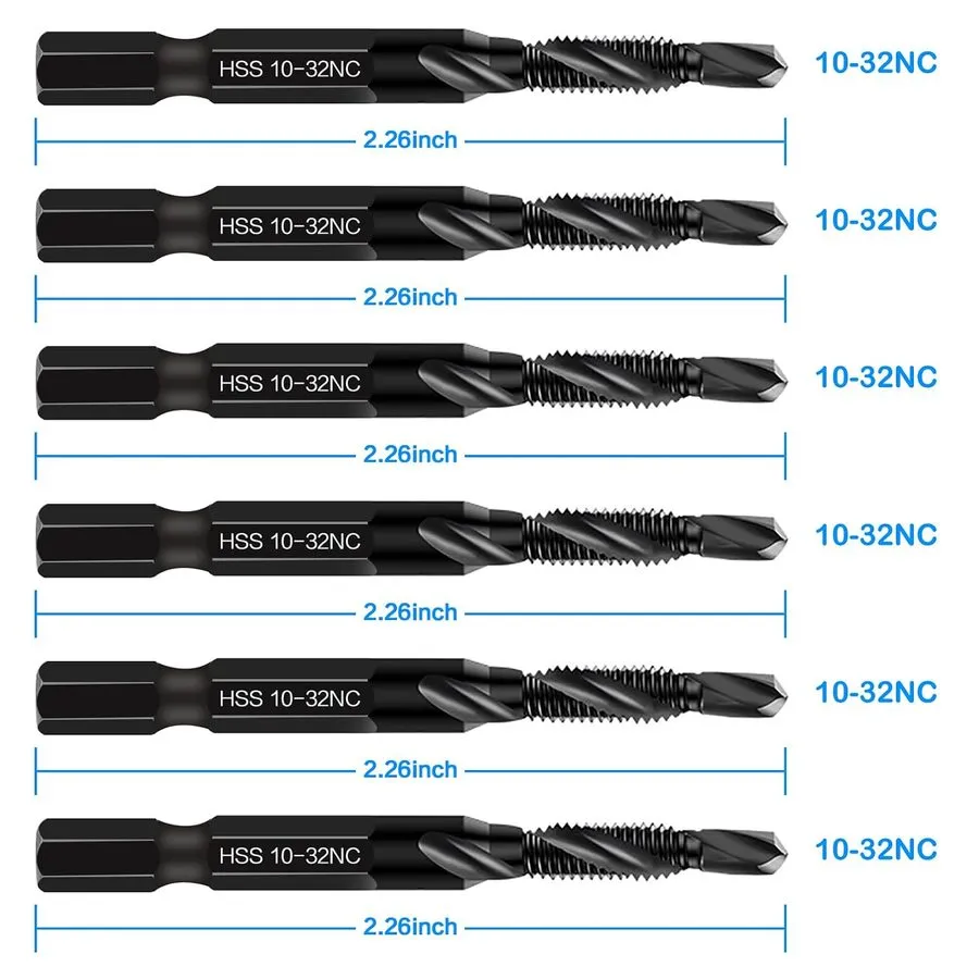 Режущий инструмент 6-pc 10-32NC Combination Drill Tap Bit Set SAE, Thread Size,  — фото лота 1