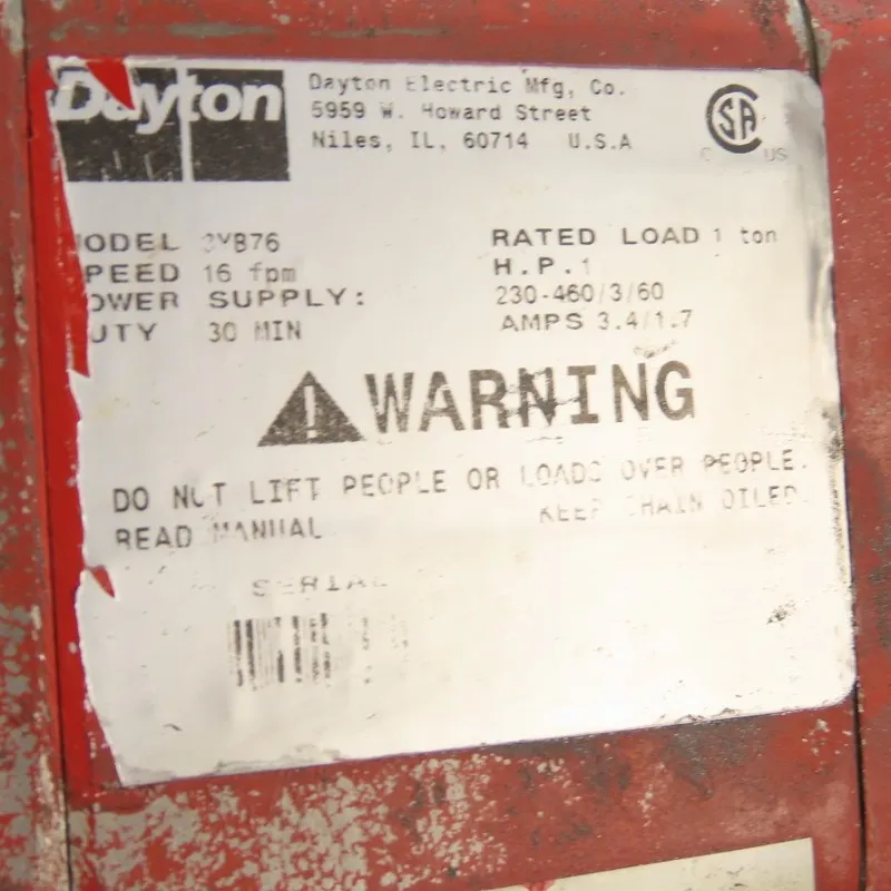 Таль Dayton 3YE18 1 Ton 2000Lb Electric Chain Hoist 20' Lift 16Fpm 460V 3Ph Trol
