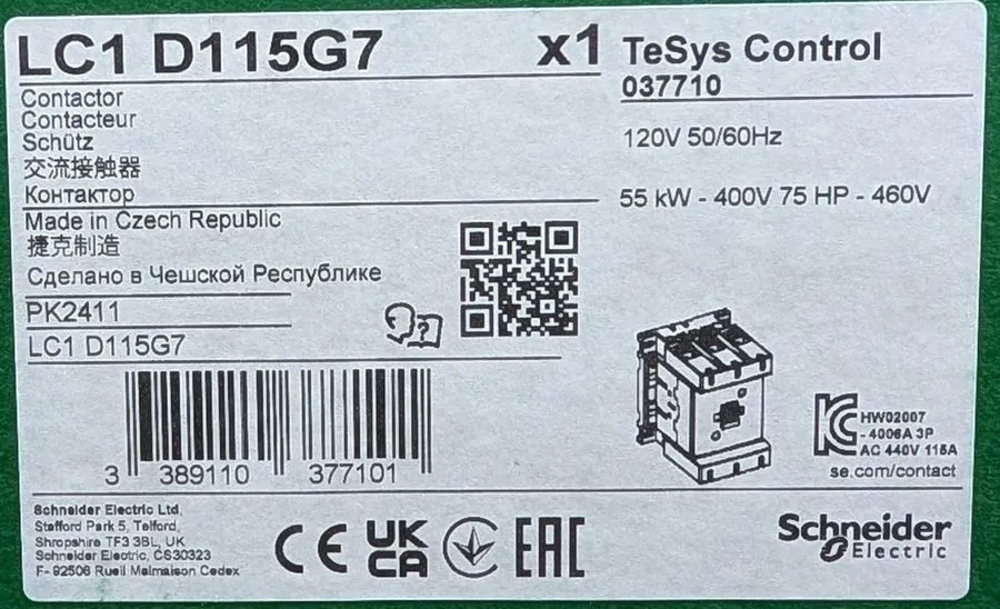Контактор 1x Schneider Electric LC1D115G7 55kW 75HP TeSys Contactor