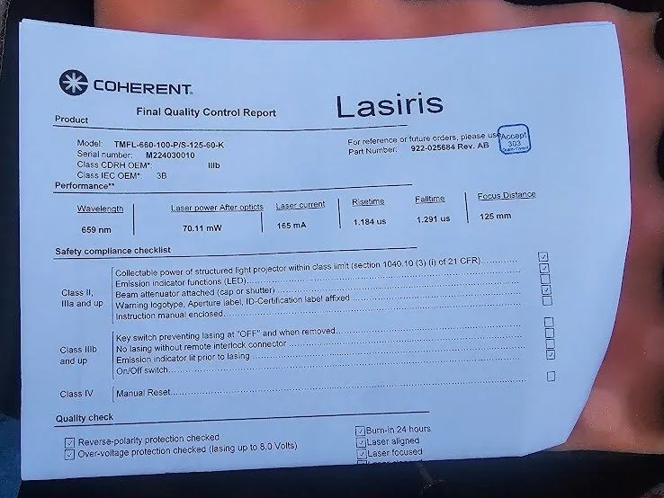 Модуль Coherent Lasiris TMFL-660-100-P/S-125-60-K 659nm 70mW Laser Module — фото лота 1