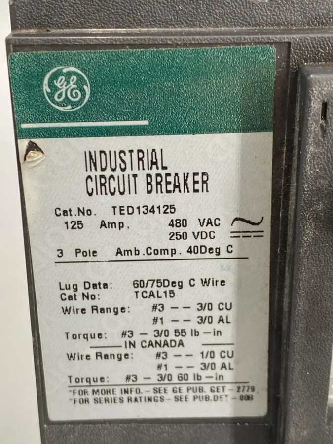 Автоматический выключатель GE TED TED134125 3 Pole 125 Amp 480v Black Circuit Br