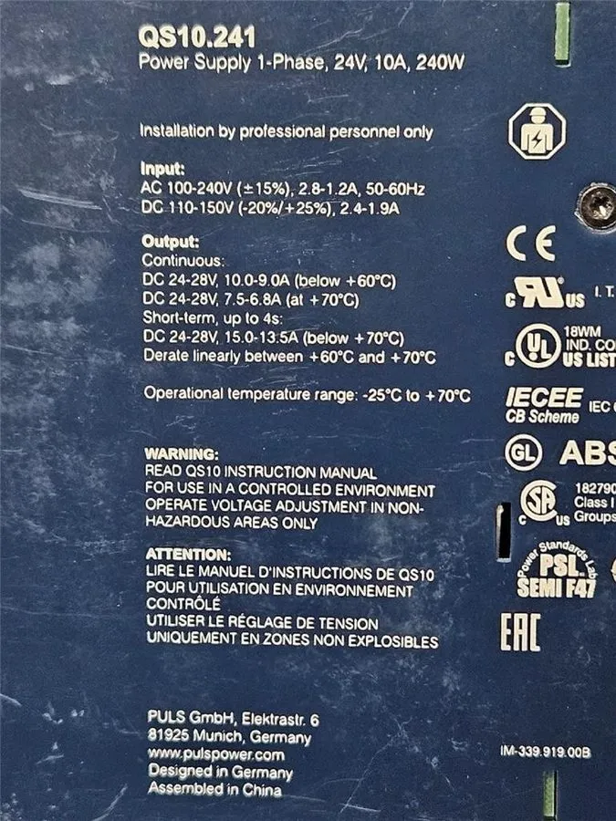 Блок питания PULS QS10.241 240W 10A Single Phase DIN Rail Power Supply 24-28VDC