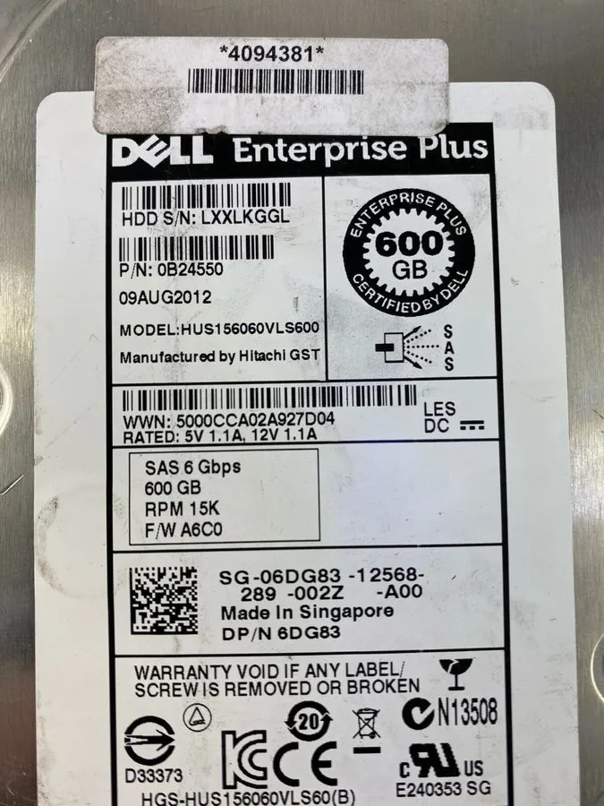 Жёсткий диск Dell W348K 0W348K 600GB 15K SAS 15000RPM 3.5" Hard Drive HUS156060V