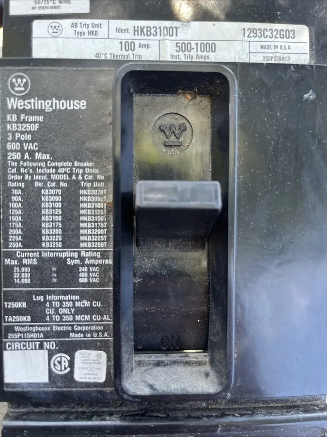 Автоматический выключатель Westinghouse Circuit Breaker HKB3100T 100 Amp 480 V T — фото лота 1