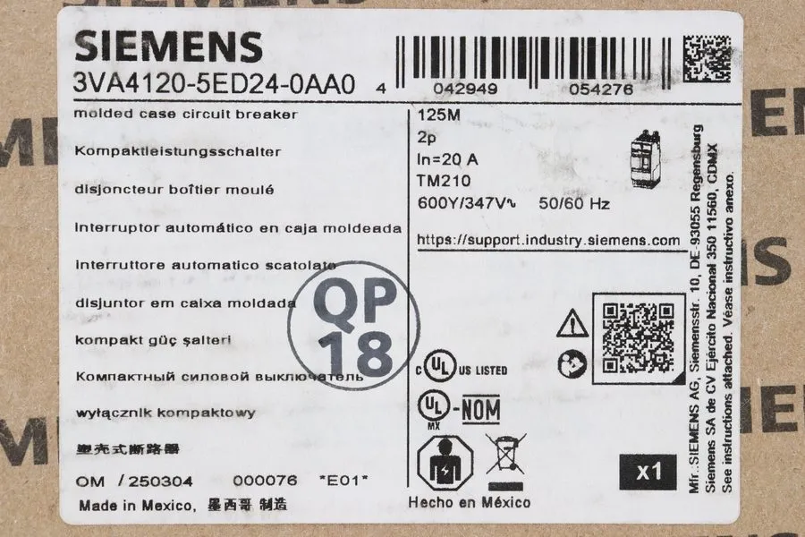 Автоматический выключатель Siemens 3VA4120-5ED24-0AA0 2P 20 Amp 600Y/347 Volt Bo