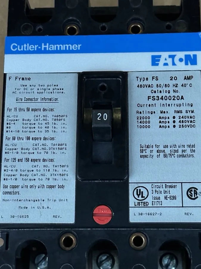 Автоматический выключатель Eaton Cutler Hammer FS340020A 20 Amp 3 Pole 480V FS C