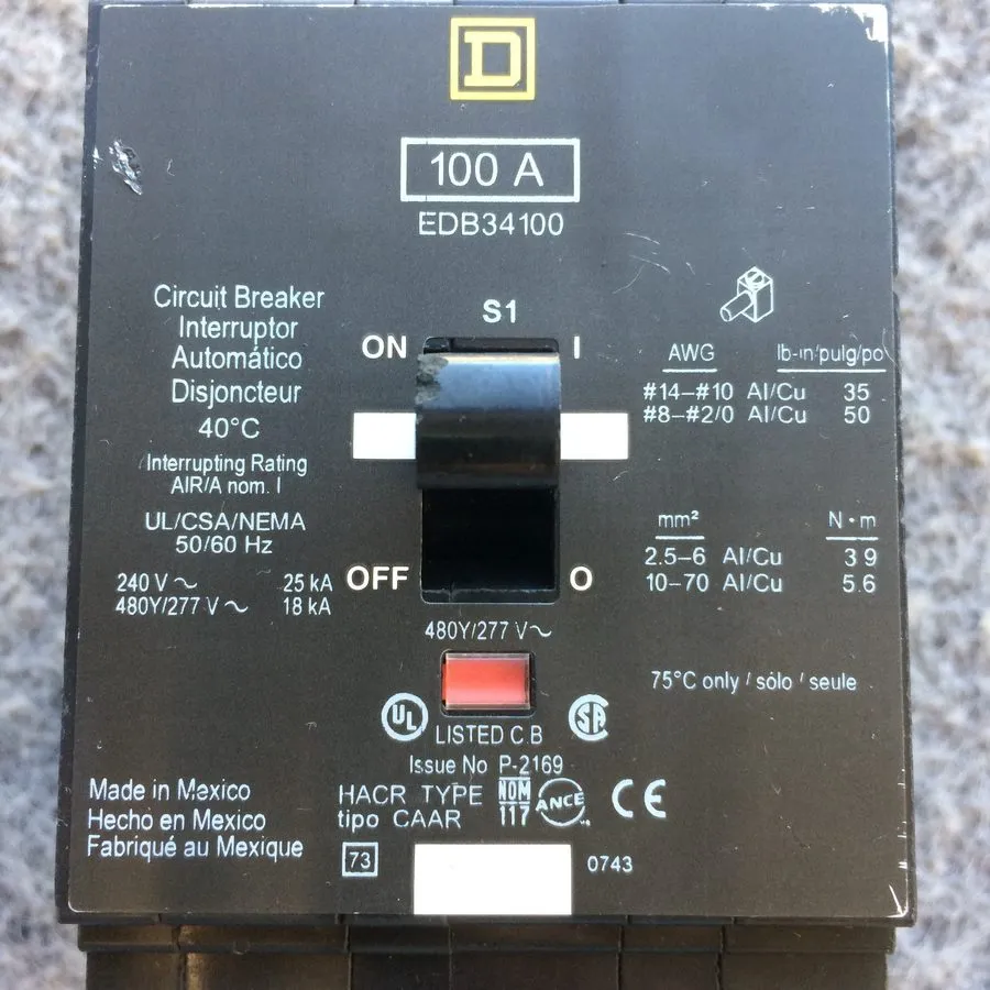 Автоматический выключатель SQUARE D EDB34100 EDB 3 POLE 100 AMP 480v CIRCUIT BRE