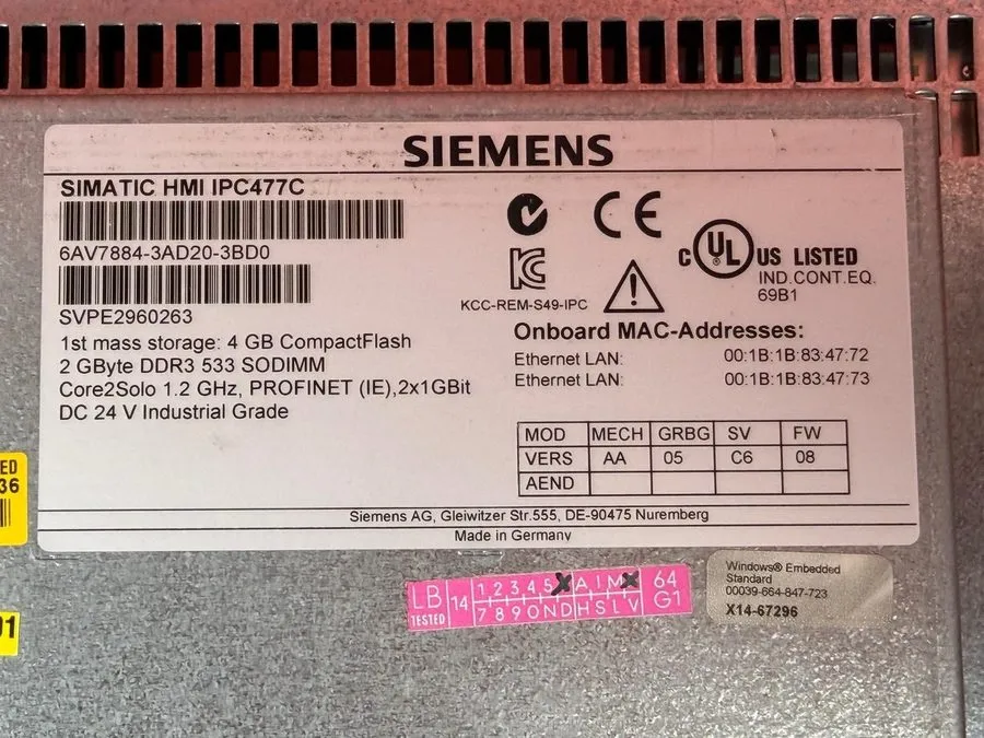 Промышленный компьютер Siemens 6AV7884-3AD20-3BD0 Simatic HMI IPC477C FW: Now
