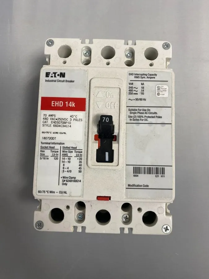Автоматический выключатель Eaton EHD3070 3 pole 70 amp EHD 14kA@480v EHD14k Circ