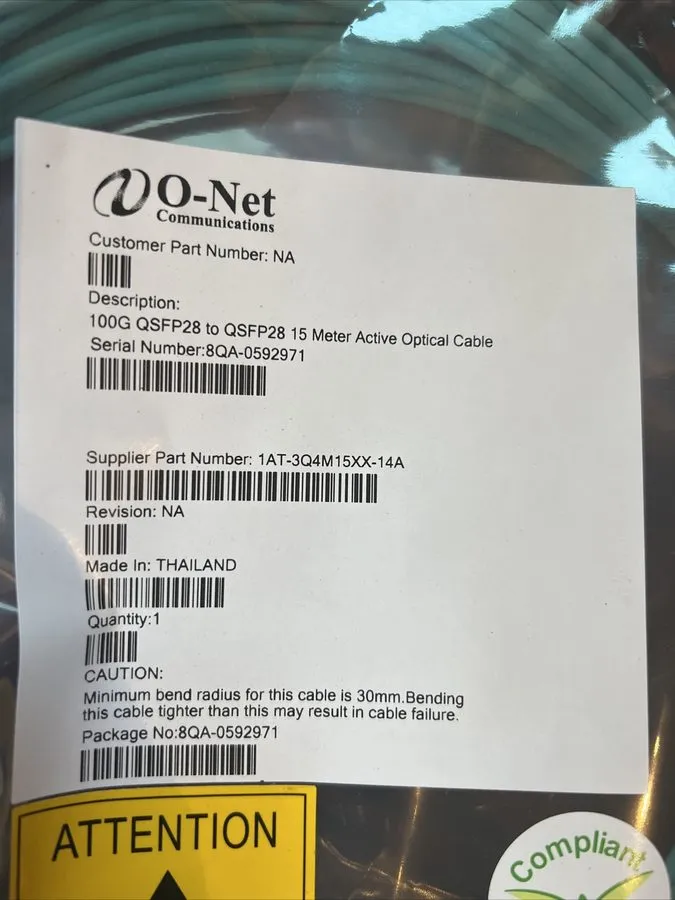 Трансивер O-Net 100G QSFP28 TO 15 Meter Active Optical Cable 1AT-3Q4M15XX-14A — фото лота 1
