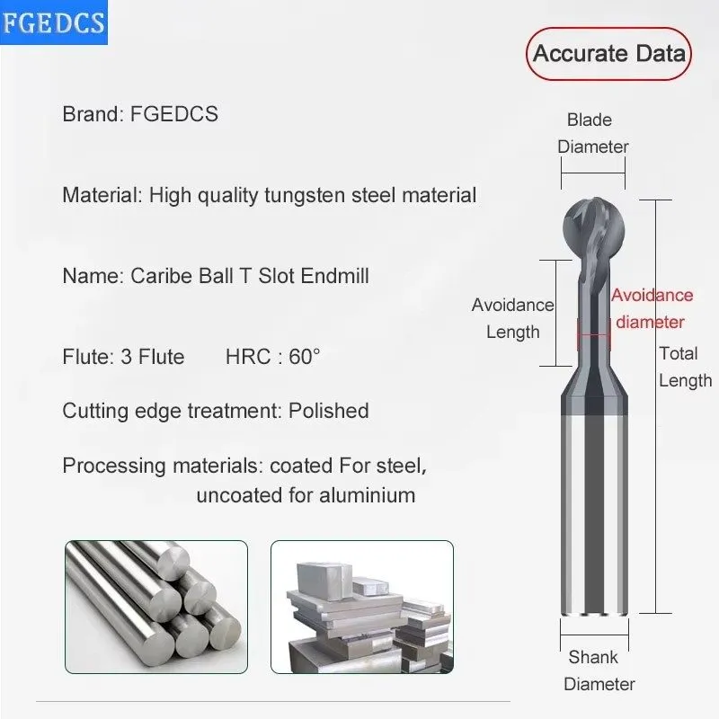 Режущий инструмент FGEDCS Carbide Ball T-Slot End Mill HRC60 R0.75-R6 Steel Alum — фото лота 2