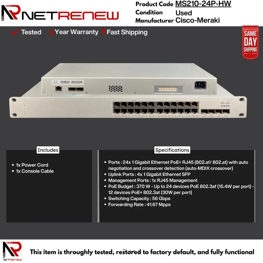 Коммутатор Cisco Meraki MS210-24P-HW UNCLAIMED 24 Port PoE Switch 370W Cloud Man