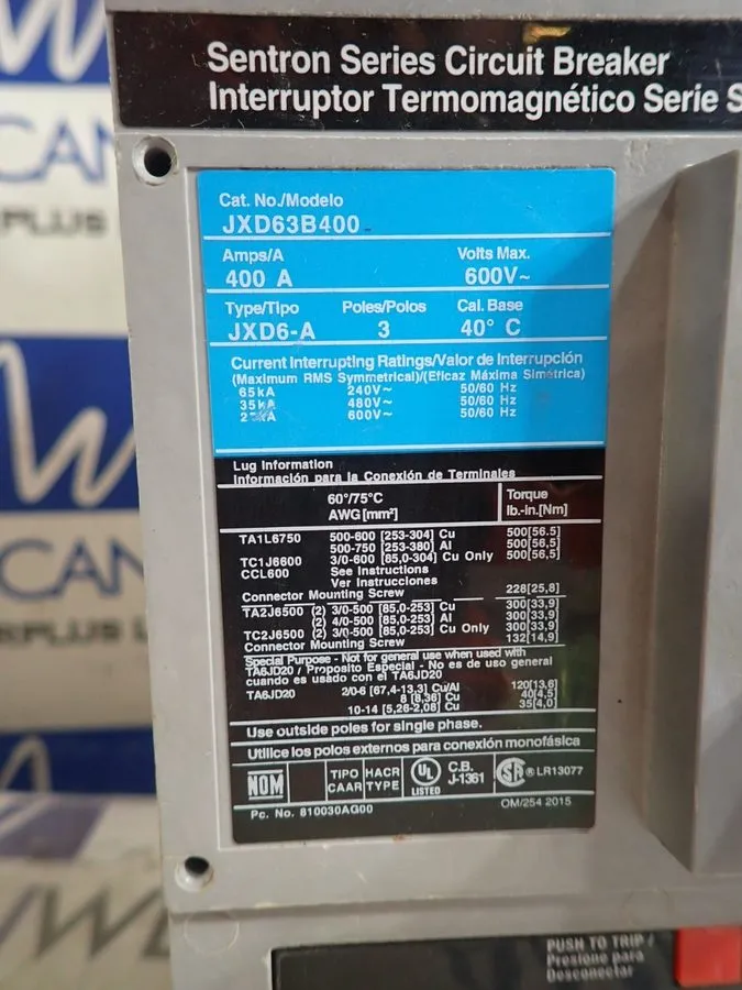 Автоматический выключатель Siemens 400 Amp Circuit Breaker Sentron JXD63B400 3 P