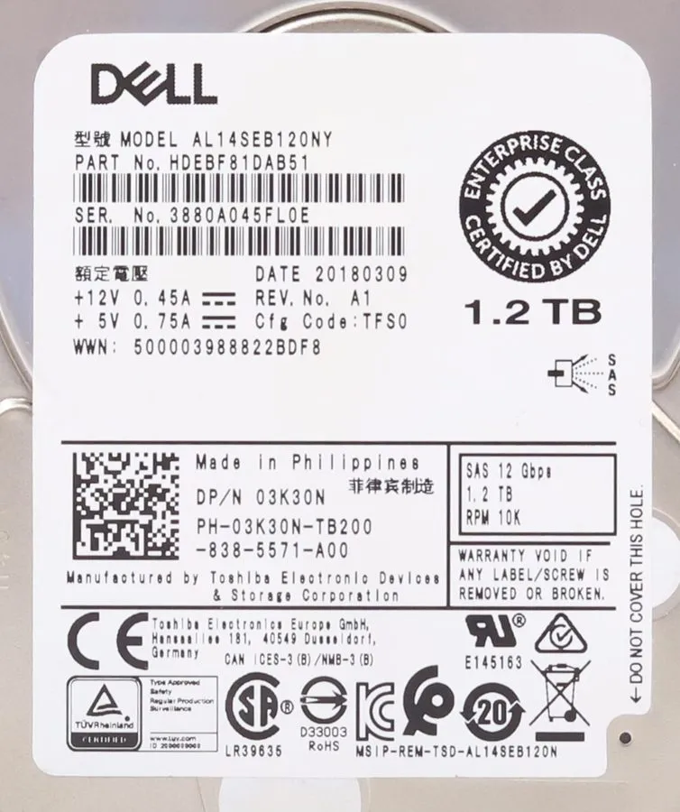 Сервер Dell 03K30N AL14SEB120NY 1.2TB 10K SAS 12Gbps 2.5" Server HDD,90%+Health