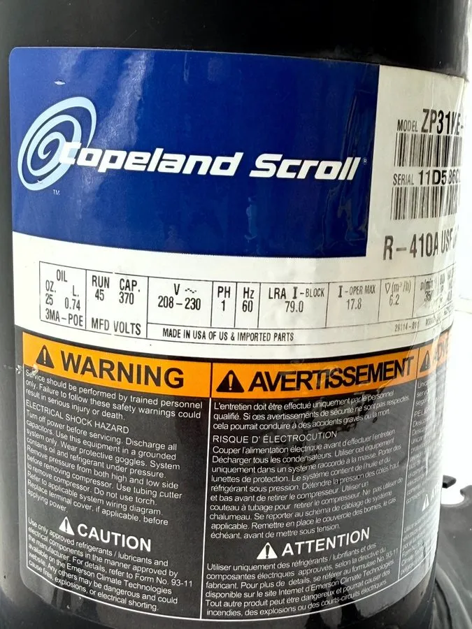 Компрессор Copeland ZP31K5E-PFV-130 Scroll Compressor 2.5 Ton 208-230V 1PH 31100 — фото лота 1