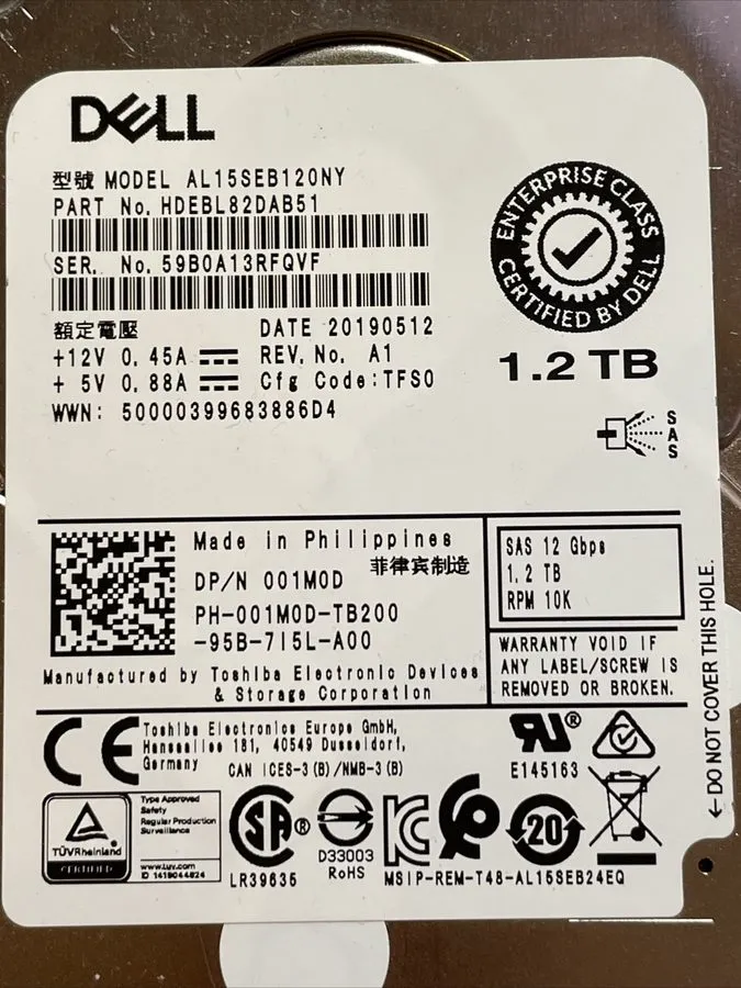 Жёсткий диск 01M0D 001M0D DELL POWEREDGE HDEBL82DAB51 1.2TB 2.5" 10K 12G SAS HDD