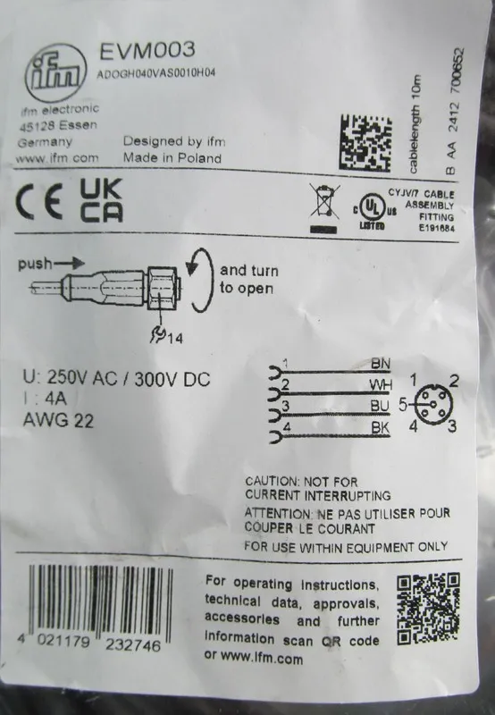 Соединительный кабель IFM EVM003 ADOGH040VAS0010H04 10-METER PUR M12 MOBILE MACH