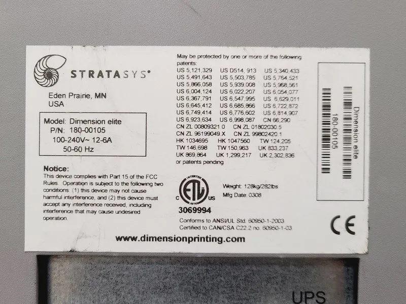 3D-принтер Stratasys Dimension Elite 3D Printer PN 180-00105 Spares/Repairs — фото лота 3