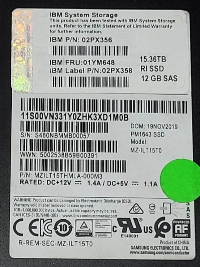 SSD-накопитель IBM Samsung PM1643 15.36TB SAS 2.5" SSD MZ-ILT15T0 02PX356 01YM64