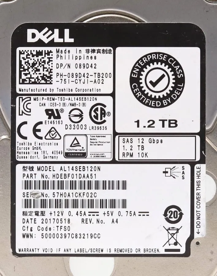 Жёсткий диск DELL 089D42 1.2TB 12G 10K SFF 2.5in SAS AL14SEB120N 89D42 HDD HARD