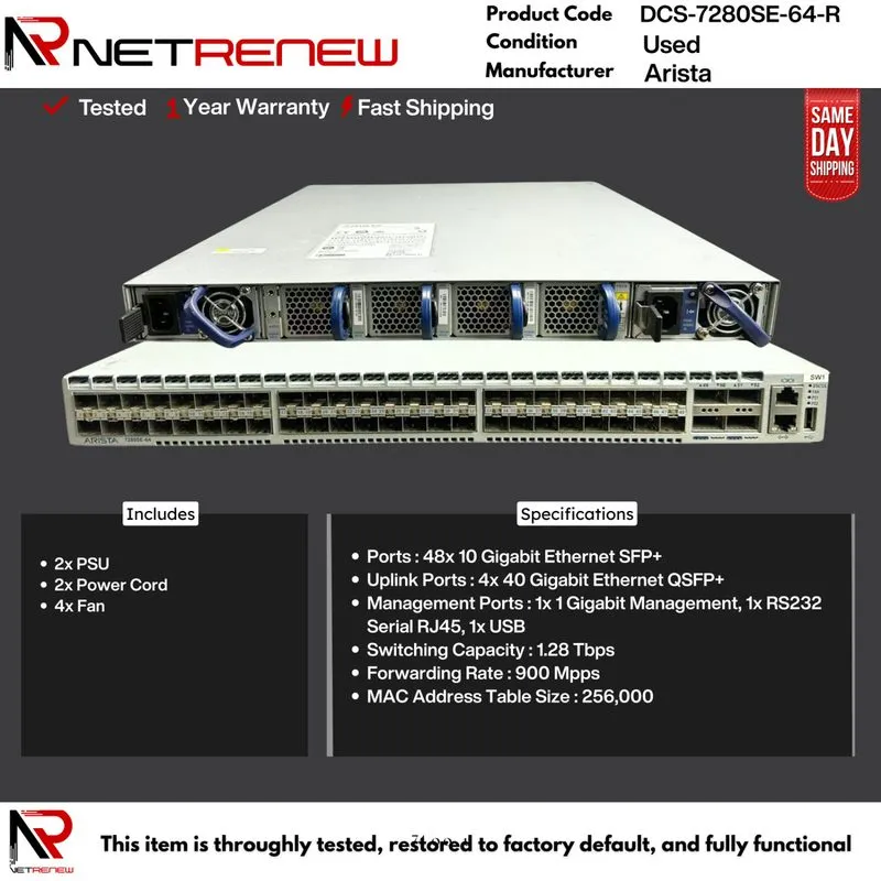 Коммутатор Arista DCS-7280SE-64-R 7280SE Switch 48 x SFP+ 4 x QSFP R to F 2 x 50 — фото лота 1
