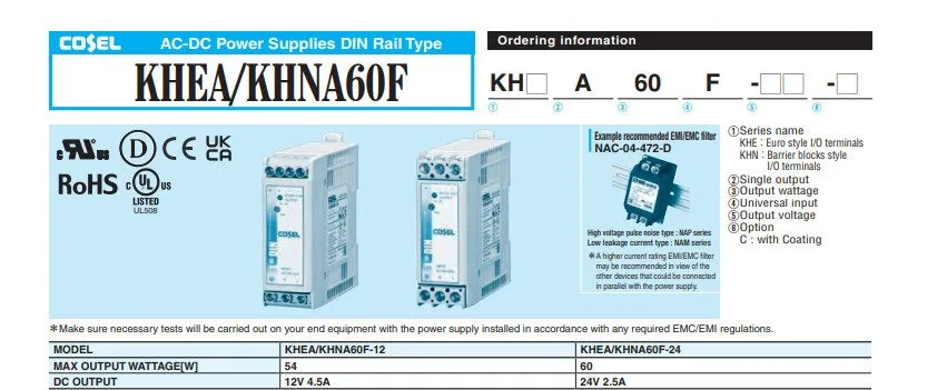 Блок питания Cosel KHEA60F-12 54W 12V 4.5A DIN Rail Power Supply NEC Class 2 — фото лота 1