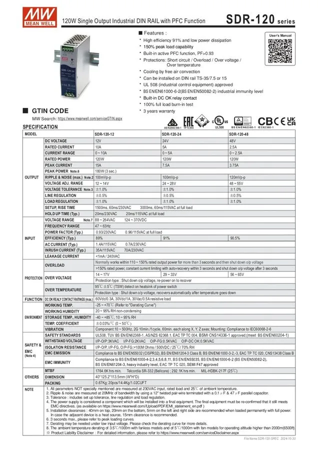 Блок питания Mean Well SDR-120-48 Din Rail Power Supply