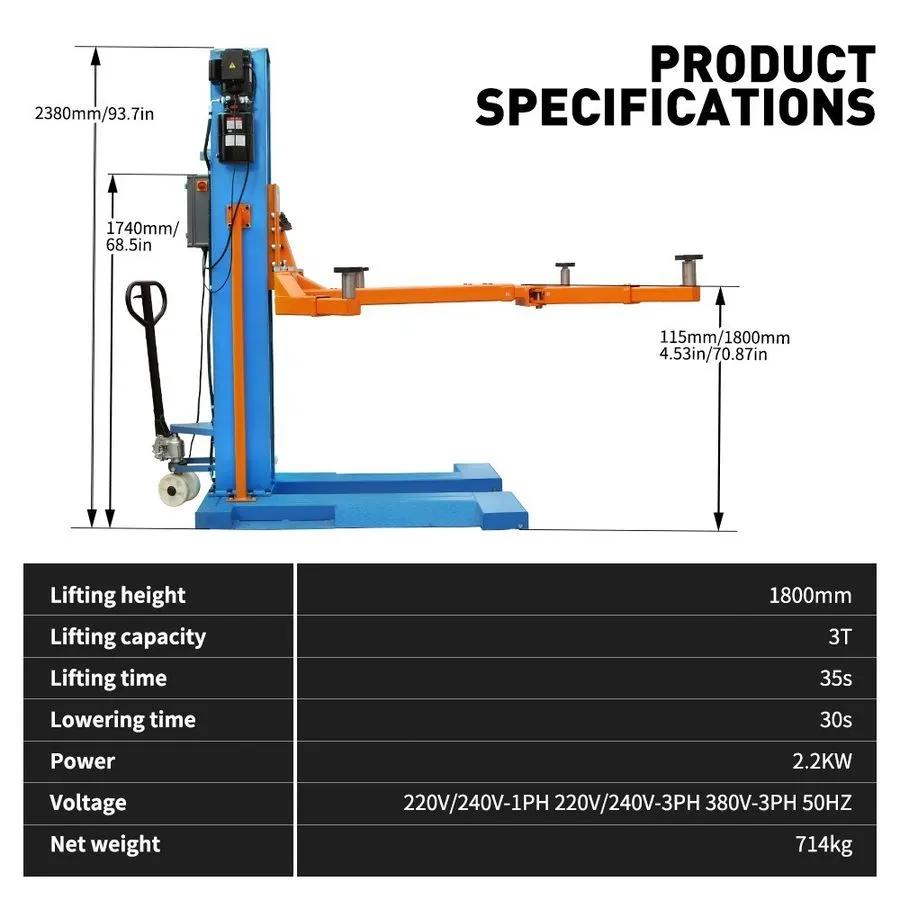 Автоподъёмник SPLP6600 Single Post Car Lift 3T 6600lb Auto Lift 220V Electric Un — фото лота 1