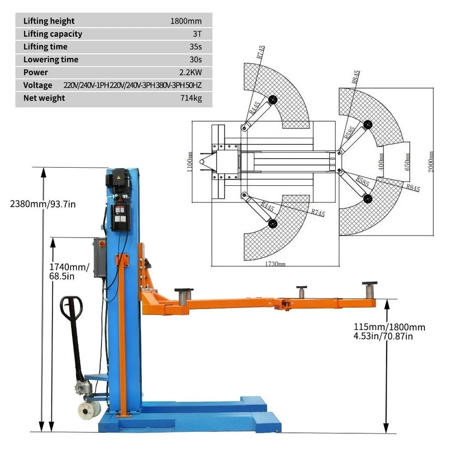 Автоподъёмник SPLP6600 Single Post Car Lift 3T 6600lb Auto Lift 220V Electric Un — фото лота 2
