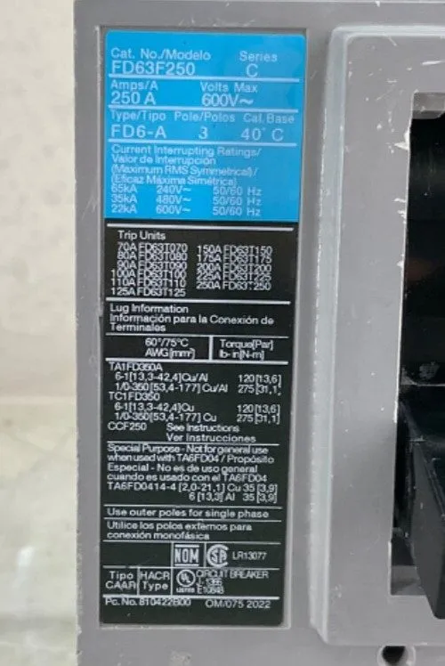 Автоматический выключатель SIEMENS FD63F250 SENTRON SERIES B 250 AMP CIRCUIT BRE