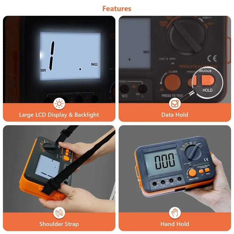 Тестер Digital Insulation Tester 250V/500V/1000V DC Voltage/Resistance/Continuit