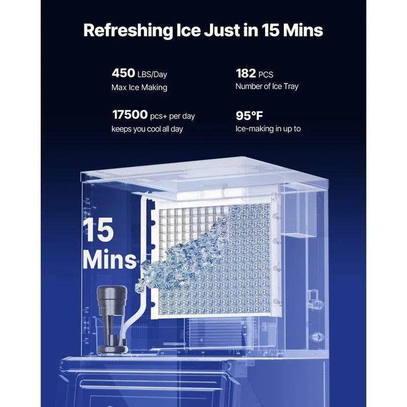 Льдогенератор Commercial Ice Maker Machine 450LBS/24H, Stainless Steel Undercoun