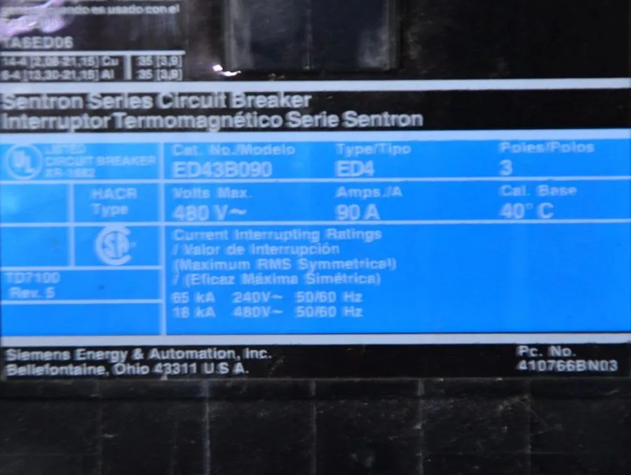 Автоматический выключатель ED43B090 Siemens 90A 480V 3P Standard Interrupt Circu