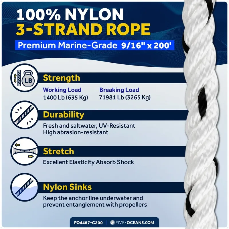 Таль Anchor Line 9/16 inch x 200 ft Rope Line 3-Strand White Thimble & Shackle