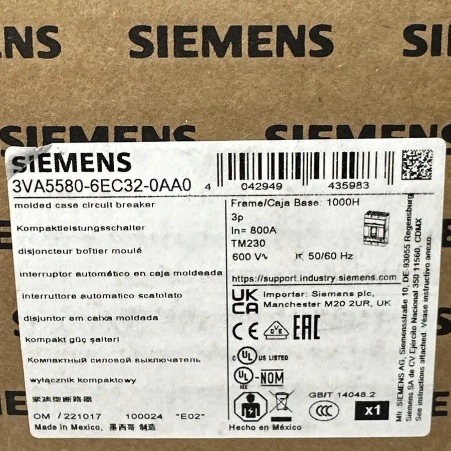 Автоматический выключатель Siemens Breaker 3VA5580-6EC32-0AA0 3 POLE 800 AMP 3VA
