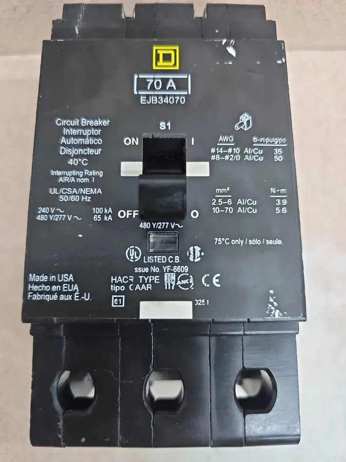 Автоматический выключатель Square D EJB34070 3 Pole 70 Amp 480V Circuit Breaker 