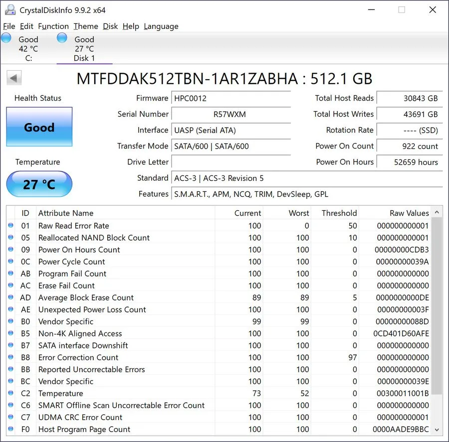 SSD-накопитель Micron MTFDDAK512TBN 2.5 inch SATA SSD 512GB Japan