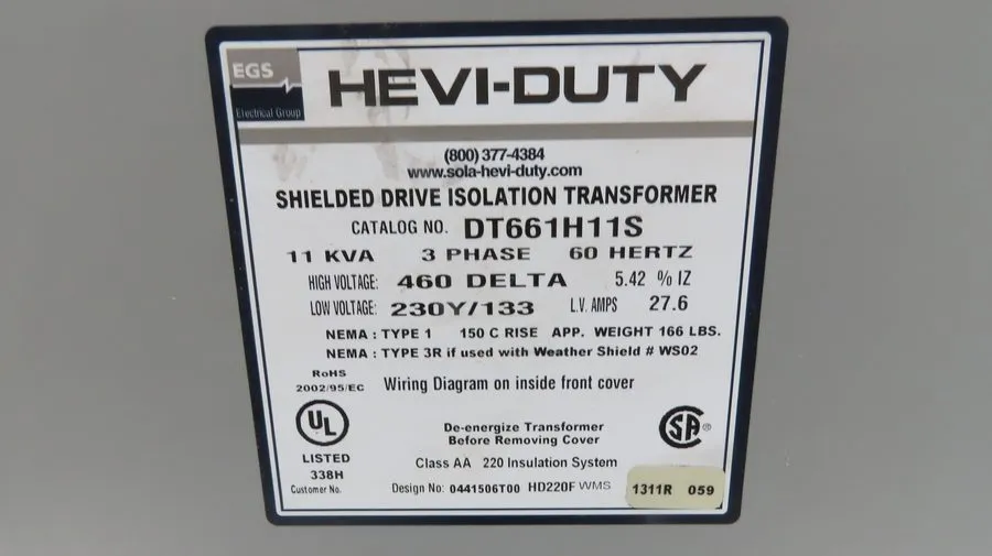 Трансформатор Hevi-Duty Shielded Drive Isolation Transformer 11kva HV 460 Delta 