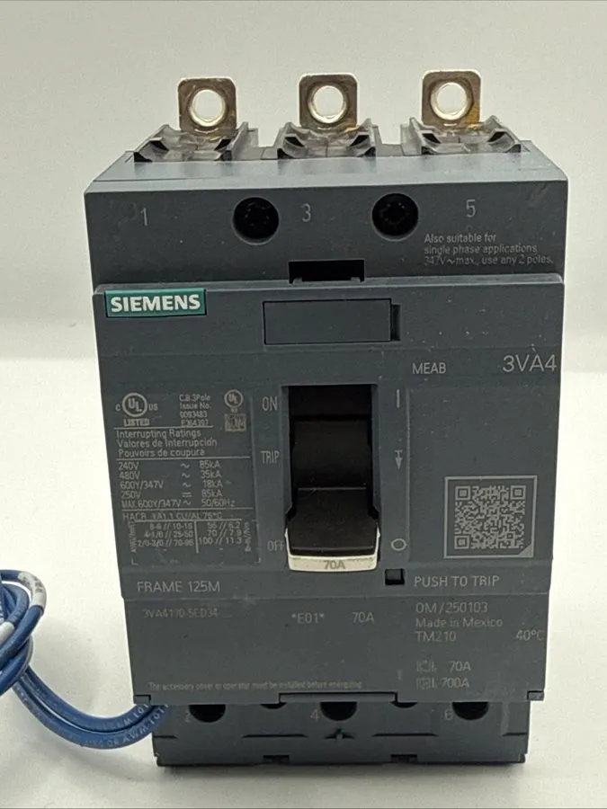 Автоматический выключатель 3VA4170-5ED34-0AA0 SIEMENS 3 POLE 70 AMP BOLT-ON CIRC