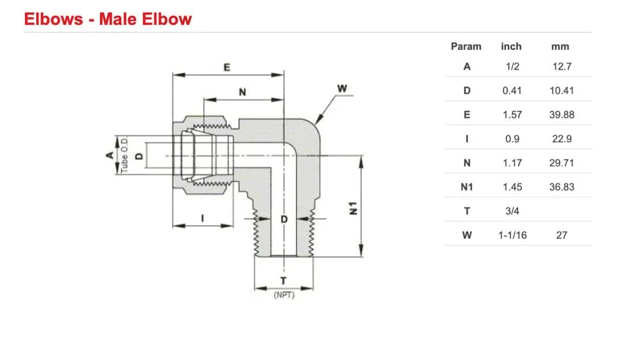 Фитинг SWAGELOK SS-810-2-12 MALE ELBOW TUBE FITTING 1/2" OD X 3/4" MALE NPT