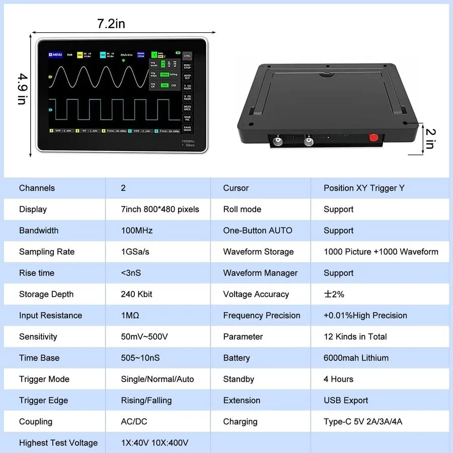 Осциллограф 1013D Plus Oscilloscope 100 MHZ,2 Channel Oscilloscope 1GSa/s Sampli