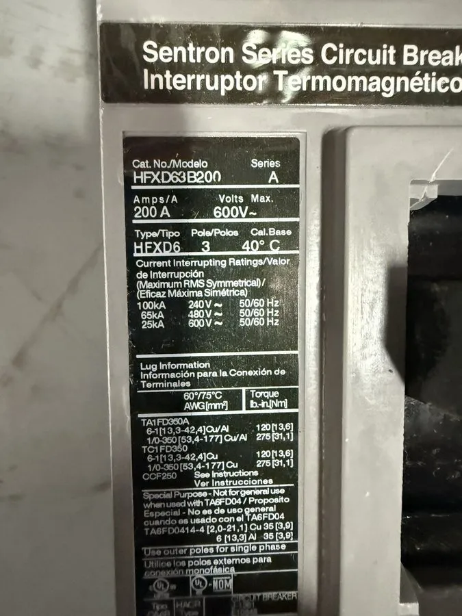 Автоматический выключатель Siemens HFXD63B200 Sentron Molded Case Circuit Breake — фото лота 1